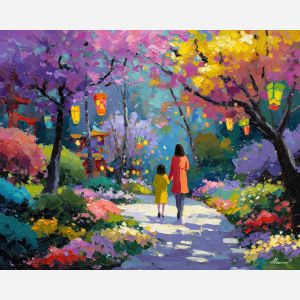 bright, colors, easter theme, spring celebration, pastel colors, palette knife, oil painting, impasto, bright art, seasonal, spring park, decorated eggs, festive, colorful scene, textured paint, joyful mood, springtime