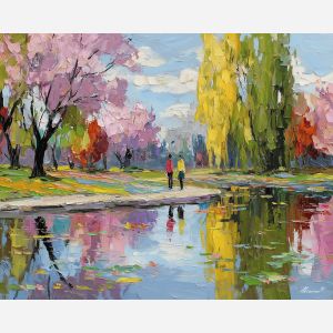 lively, park, easter theme, spring celebration, pastel colors, palette knife, oil painting, impasto, bright art, seasonal, spring park, decorated eggs, festive, colorful scene, textured paint, joyful mood, springtime