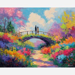 vivid, stroll, easter theme, spring celebration, pastel colors, palette knife, oil painting, impasto, bright art, seasonal, spring park, decorated eggs, festive, colorful scene, textured paint, joyful mood, springtime