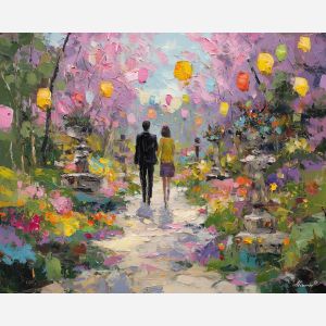 pastel, moment, easter theme, spring celebration, pastel colors, palette knife, oil painting, impasto, bright art, seasonal, spring park, decorated eggs, festive, colorful scene, textured paint, joyful mood, springtime