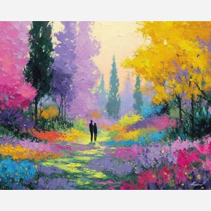 blooming, scene, easter theme, spring celebration, pastel colors, palette knife, oil painting, impasto, bright art, seasonal, spring park, decorated eggs, festive, colorful scene, textured paint, joyful mood, springtime