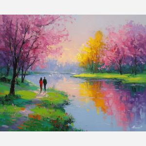 happy, colors, easter theme, spring celebration, pastel colors, palette knife, oil painting, impasto, bright art, seasonal, spring park, decorated eggs, festive, colorful scene, textured paint, joyful mood, springtime