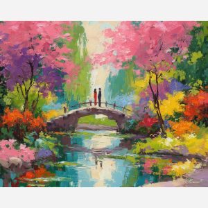 bright, park, easter theme, spring celebration, pastel colors, palette knife, oil painting, impasto, bright art, seasonal, spring park, decorated eggs, festive, colorful scene, textured paint, joyful mood, springtime