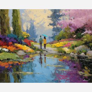 radiant, day, easter theme, spring celebration, pastel colors, palette knife, oil painting, impasto, bright art, seasonal, spring park, decorated eggs, festive, colorful scene, textured paint, joyful mood, springtime