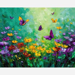 fresh, field, spring theme, bright colors, green, yellow, violet, red, seasonal art, people, animals, painterly, expressive style, modern painting, textured surface, joyful mood, color harmony