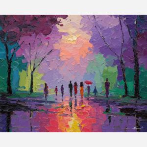 soft, season, spring theme, bright colors, green, yellow, violet, red, seasonal art, people, animals, painterly, expressive style, modern painting, textured surface, joyful mood, color harmony