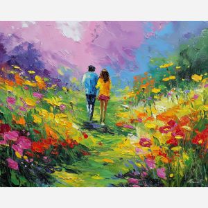 joyful, air, spring theme, bright colors, green, yellow, violet, red, seasonal art, people, animals, painterly, expressive style, modern painting, textured surface, joyful mood, color harmony