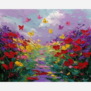 gentle, path, spring theme, bright colors, green, yellow, violet, red, seasonal art, people, animals, painterly, expressive style, modern painting, textured surface, joyful mood, color harmony