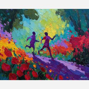 playful, moment, spring theme, bright colors, green, yellow, violet, red, seasonal art, people, animals, painterly, expressive style, modern painting, textured surface, joyful mood, color harmony