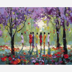 open, moment, spring theme, bright colors, green, yellow, violet, red, seasonal art, people, animals, painterly, expressive style, modern painting, textured surface, joyful mood, color harmony