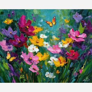 playful, garden, spring theme, bright colors, green, yellow, violet, red, seasonal art, people, animals, painterly, expressive style, modern painting, textured surface, joyful mood, color harmony