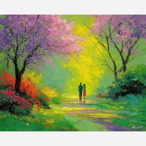 blooming, scene, spring theme, bright colors, green, yellow, violet, red, seasonal art, people, animals, painterly, expressive style, modern painting, textured surface, joyful mood, color harmony