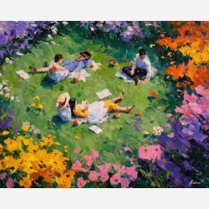 fresh, scene, spring theme, bright colors, green, yellow, violet, red, seasonal art, people, animals, painterly, expressive style, modern painting, textured surface, joyful mood, color harmony