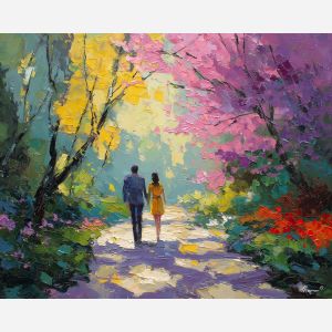 playful, morning, spring theme, bright colors, green, yellow, violet, red, seasonal art, people, animals, painterly, expressive style, modern painting, textured surface, joyful mood, color harmony