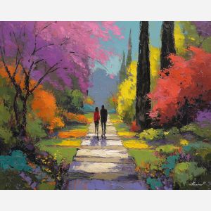 flowing, blooms, spring theme, bright colors, green, yellow, violet, red, seasonal art, people, animals, painterly, expressive style, modern painting, textured surface, joyful mood, color harmony