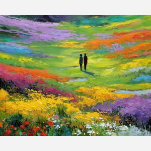 radiant, field, spring theme, bright colors, green, yellow, violet, red, seasonal art, people, animals, painterly, expressive style, modern painting, textured surface, joyful mood, color harmony