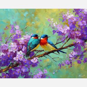 clear, light, spring theme, bright colors, green, yellow, violet, red, seasonal art, people, animals, painterly, expressive style, modern painting, textured surface, joyful mood, color harmony