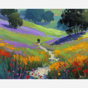 sunlit, path, spring theme, bright colors, green, yellow, violet, red, seasonal art, people, animals, painterly, expressive style, modern painting, textured surface, joyful mood, color harmony