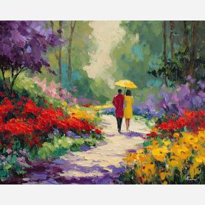 open, blooms, spring theme, bright colors, green, yellow, violet, red, seasonal art, people, animals, painterly, expressive style, modern painting, textured surface, joyful mood, color harmony