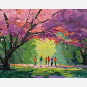 clear, morning, spring theme, bright colors, green, yellow, violet, red, seasonal art, people, animals, painterly, expressive style, modern painting, textured surface, joyful mood, color harmony