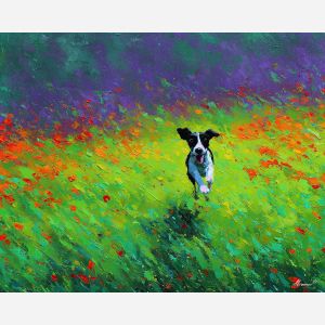gentle, breeze, spring theme, bright colors, green, yellow, violet, red, seasonal art, people, animals, painterly, expressive style, modern painting, textured surface, joyful mood, color harmony