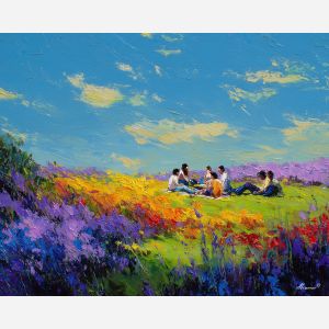 sunlit, view, spring theme, bright colors, green, yellow, violet, red, seasonal art, people, animals, painterly, expressive style, modern painting, textured surface, joyful mood, color harmony