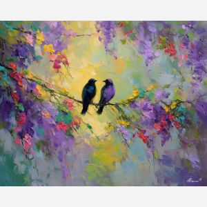 open, light, spring theme, bright colors, green, yellow, violet, red, seasonal art, people, animals, painterly, expressive style, modern painting, textured surface, joyful mood, color harmony