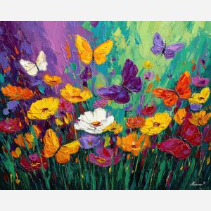 clear, clearing, spring theme, bright colors, green, yellow, violet, red, seasonal art, people, animals, painterly, expressive style, modern painting, textured surface, joyful mood, color harmony