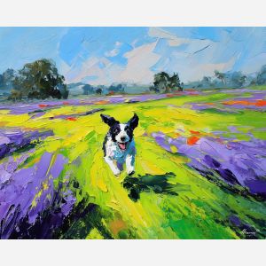 green, scene, spring theme, bright colors, yellow, violet, red, seasonal art, people, animals, painterly, expressive style, modern painting, textured surface, joyful mood, color harmony