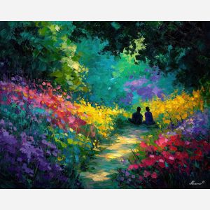 blooming, path, spring theme, bright colors, green, yellow, violet, red, seasonal art, people, animals, painterly, expressive style, modern painting, textured surface, joyful mood, color harmony