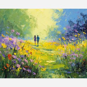 sunlit, moment, spring theme, bright colors, green, yellow, violet, red, seasonal art, people, animals, painterly, expressive style, modern painting, textured surface, joyful mood, color harmony