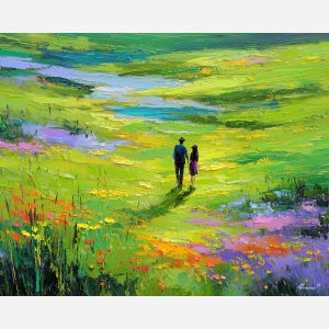 spring, breeze, spring theme, bright colors, green, yellow, violet, red, seasonal art, people, animals, painterly, expressive style, modern painting, textured surface, joyful mood, color harmony
