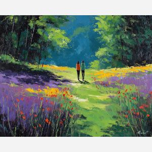 radiant, path, spring theme, bright colors, green, yellow, violet, red, seasonal art, people, animals, painterly, expressive style, modern painting, textured surface, joyful mood, color harmony
