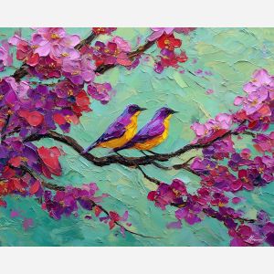 lively, garden, spring theme, bright colors, green, yellow, violet, red, seasonal art, people, animals, painterly, expressive style, modern painting, textured surface, joyful mood, color harmony