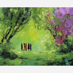 green, ground, spring theme, bright colors, yellow, violet, red, seasonal art, people, animals, painterly, expressive style, modern painting, textured surface, joyful mood, color harmony