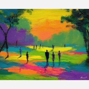 fresh, ground, spring theme, bright colors, green, yellow, violet, red, seasonal art, people, animals, painterly, expressive style, modern painting, textured surface, joyful mood, color harmony