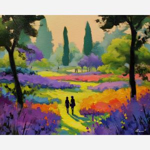 gentle, garden, spring theme, bright colors, green, yellow, violet, red, seasonal art, people, animals, painterly, expressive style, modern painting, textured surface, joyful mood, color harmony