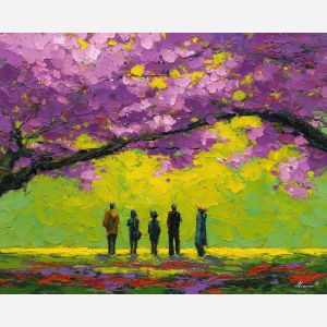 light, meadow, spring theme, bright colors, green, yellow, violet, red, seasonal art, people, animals, painterly, expressive style, modern painting, textured surface, joyful mood, color harmony