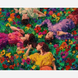 vivid, horizon, spring theme, bright colors, green, yellow, violet, red, seasonal art, people, animals, painterly, expressive style, modern painting, textured surface, joyful mood, color harmony