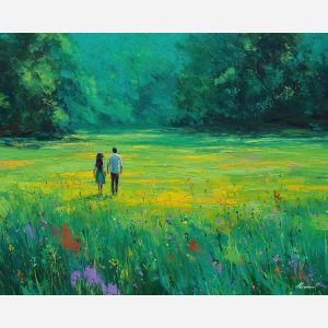 soft, air, spring theme, bright colors, green, yellow, violet, red, seasonal art, people, animals, painterly, expressive style, modern painting, textured surface, joyful mood, color harmony
