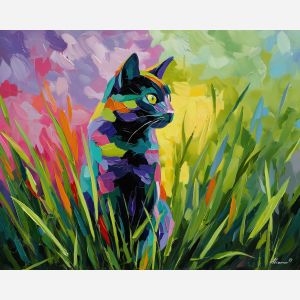 bright, scene, spring theme, bright colors, green, yellow, violet, red, seasonal art, people, animals, painterly, expressive style, modern painting, textured surface, joyful mood, color harmony