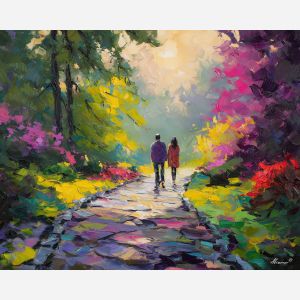 soft, morning, spring theme, bright colors, green, yellow, violet, red, seasonal art, people, animals, painterly, expressive style, modern painting, textured surface, joyful mood, color harmony