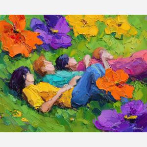 soft, moment, spring theme, bright colors, green, yellow, violet, red, seasonal art, people, animals, painterly, expressive style, modern painting, textured surface, joyful mood, color harmony