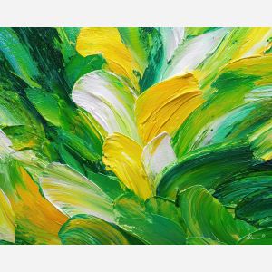 open, rhythm, spring abstract, abstract art, bright colors, green, yellow, violet, red, palette knife, oil painting, impasto, textured surface, modern abstract, color harmony, seasonal abstraction, expressive painting