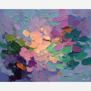 warm, emergence, spring abstract, abstract art, bright colors, green, yellow, violet, red, palette knife, oil painting, impasto, textured surface, modern abstract, color harmony, seasonal abstraction, expressive painting