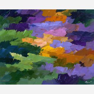 rising, structure, spring abstract, abstract art, bright colors, green, yellow, violet, red, palette knife, oil painting, impasto, textured surface, modern abstract, color harmony, seasonal abstraction, expressive painting