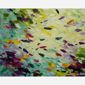 fresh, forms, spring abstract, abstract art, bright colors, green, yellow, violet, red, palette knife, oil painting, impasto, textured surface, modern abstract, color harmony, seasonal abstraction, expressive painting