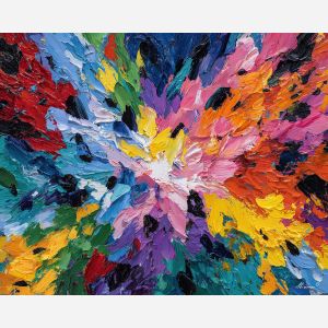 energetic, flow, spring abstract, abstract art, bright colors, green, yellow, violet, red, palette knife, oil painting, impasto, textured surface, modern abstract, color harmony, seasonal abstraction, expressive painting