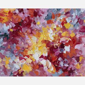 radiant, flow, spring abstract, abstract art, bright colors, green, yellow, violet, red, palette knife, oil painting, impasto, textured surface, modern abstract, color harmony, seasonal abstraction, expressive painting