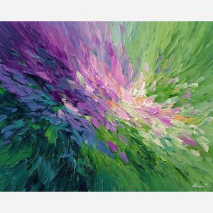 blooming, pulse, spring abstract, abstract art, bright colors, green, yellow, violet, red, palette knife, oil painting, impasto, textured surface, modern abstract, color harmony, seasonal abstraction, expressive painting
